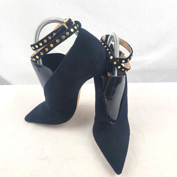 Nordstrom Black Suede Studio genuine suede good studded ankle strap heels Sz 9.5 - Picture 1 of 6